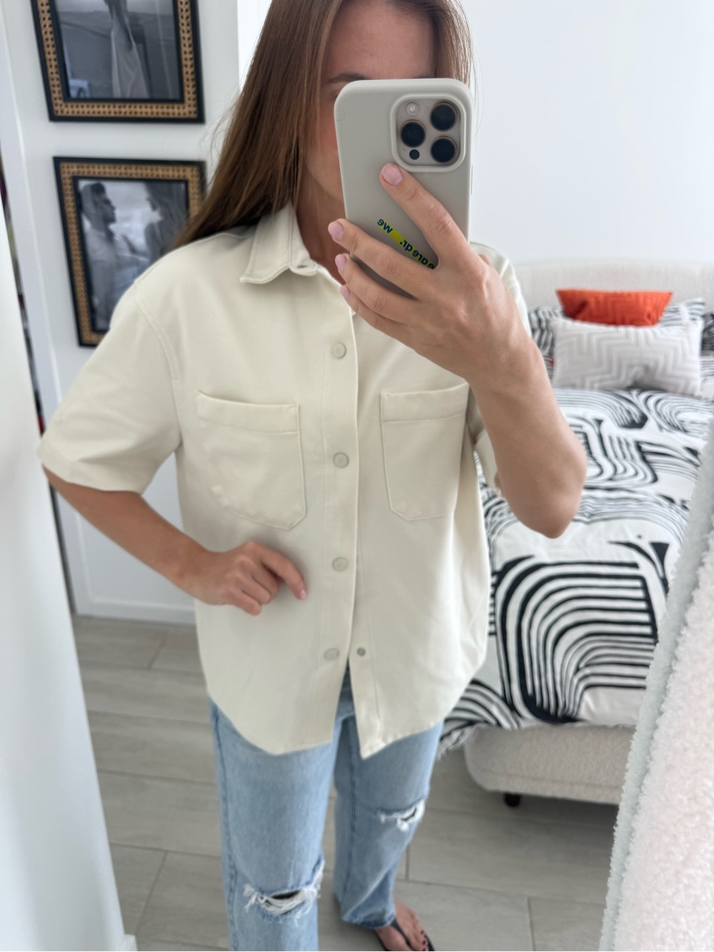 Zara Cream Short-Sleeve Button-Down Shirt